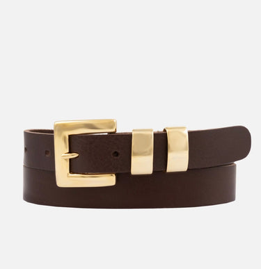 A dark brown leather belt with a polished gold-tone buckle and matching gold-tone keeper loops, coiled on a light gray background.