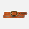 Brown leather belt with a gold buckle on a white background