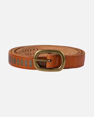 Brown leather belt with a brass buckle on a white background