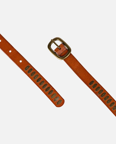 Brown leather belt with a gold buckle on a light gray background