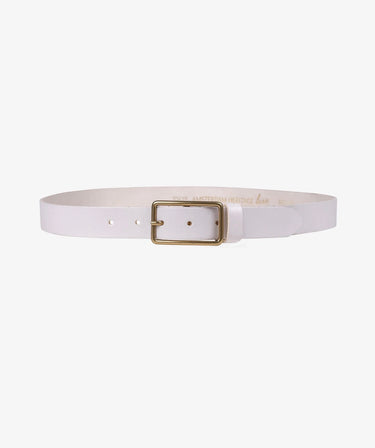 A white faux leather belt with a gold-tone metal buckle, displayed horizontally on a clean white background.