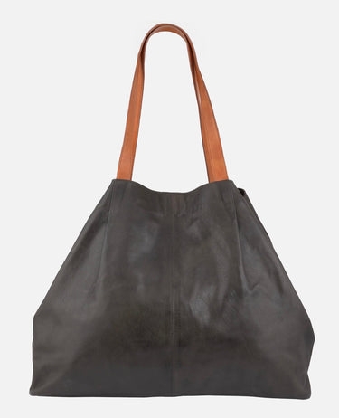 A large dark gray leather tote bag with contrasting light brown shoulder straps, shown against a plain light gray background.