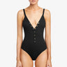 Black swimsuit with button details on a white background
