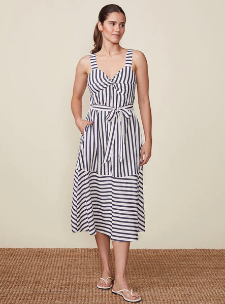 navy and white striped midi dress Off White and Navy Striped Sweetheart Midi Dress