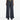 A model is shown from the waist down wearing high-waisted, wide-leg trousers in a dark navy blue with fine vertical white pinstripes. The pants are styled with a black leather belt featuring a gold oval buckle and black leather loafers, set against a plain light gray studio background.