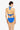 Woman wearing a blue bikini with a white background