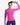 Woman wearing a bright pink long-sleeve athletic shirt and blue leggings on a white background