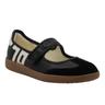 A front view of a black Mary Jane sneaker with ‘70’ written in white on the side.