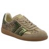 A low-top sneaker featuring a beige suede upper with leopard print panels, olive green accents on the side stripes and heel, a beige tongue with gold lettering, and a brown gum sole.