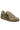 A low-top sneaker featuring a beige suede upper with leopard print panels, olive green accents on the side stripes and heel, a beige tongue with gold lettering, and a brown gum sole.