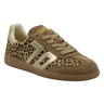Back 70 leopard-print sneaker with taupe suede, metallic gold accents, tan laces, and gum sole.