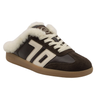 A low-top slip-on sneaker featuring dark brown leather and suede panels, a thick white faux-fur collar, white laces, and a gum brown sole, shown against a plain white background.