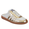 White and gold sneaker with a brown sole on a white background