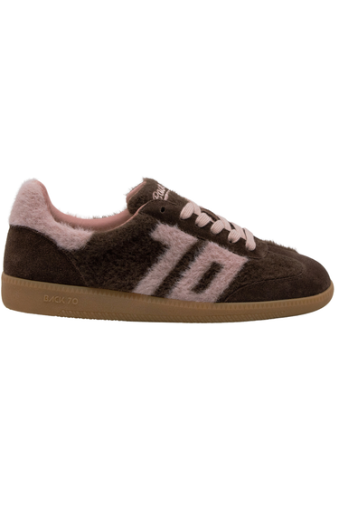 A side angle of  a brown and pink mohair sneaker  with pink ‘70’ on the side in pink mohair on a white background