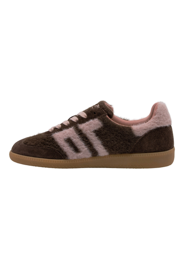 A side angle a brown and pink mohair sneaker  with pink ‘70’ on the side in pink mohair on a white background