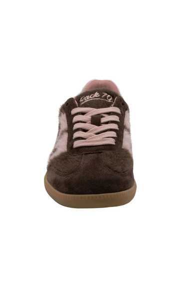 A front angle a brown and pink mohair sneaker on a white background