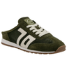 An olive green suede and mesh low-top sneaker with white laces, a white side stripe containing the number '70', and a brown gum outsole, shown against a plain white background.