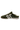 An olive green suede and fabric sneaker slip-on shoe with white laces, a white side stripe with a black center, and a white midsole with a brown outsole, shown against a plain white background.