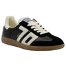 A low-top sneaker featuring a black suede upper with textured white side stripes, white laces, a cream collar lining, and a brown gum sole.