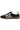 A classic low-top sneaker in black leather with white knit side stripes, white laces, a white heel tab, and a brown gum sole, shown from a side profile on a white background.