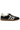 A black leather low-top sneaker with white knit side stripes, a cream collar, white laces, and a brown gum sole, shown in profile against a white background.