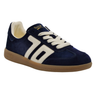 The side of a velvet blue sneaker with ‘70’ in white on the side on white background.