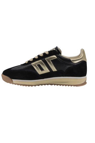 A side angle of a gold and black sneaker, with ‘70’ in gold on the side on a white background