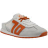 White sneaker with orange accents on a white background