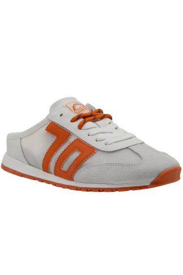 White sneaker with orange accents on a white background