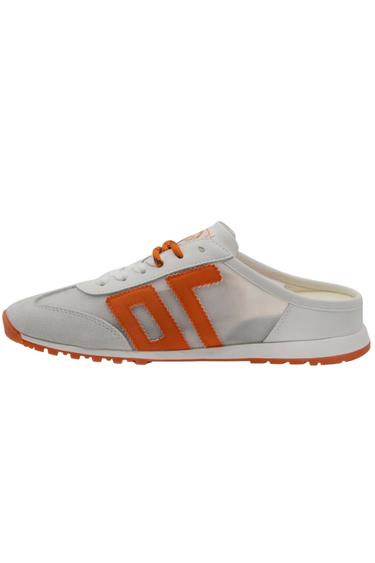 White shoe with orange accents on a white background