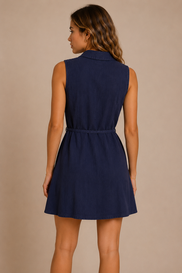 Navy blue sleeveless dress worn by a model on a beige background