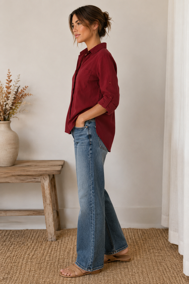 A woman stands in profile wearing a burgundy button-up shirt and blue flare jeans, standing on a woven jute rug in a bright room with a wooden bench and vase on the left.
