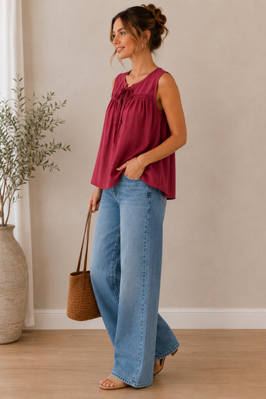 Woman wearing a red sleeveless top and blue jeans, standing indoors with a neutral background.