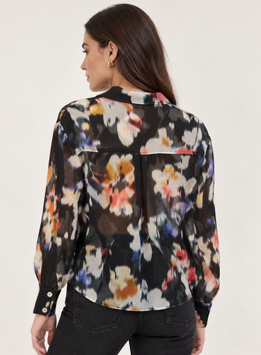 Back view of Bella Dahl Long Sleeve Boxy Crop Shirt in Blurred Bloom showing relaxed boxy fit and back pleat