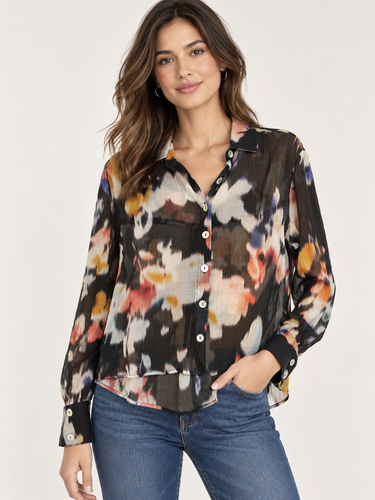 Bella Dahl Long Sleeve Boxy Crop Shirt in Blurred Bloom print with button front and relaxed fit
