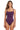 A woman modeling a solid purple one-piece swimsuit with a square neckline and thin shoulder straps, set against a plain white background.