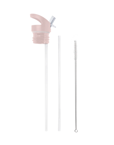 Pink straw lid with two straws on a white background