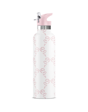 White water bottle with pink accents and decorative pattern on a white background
