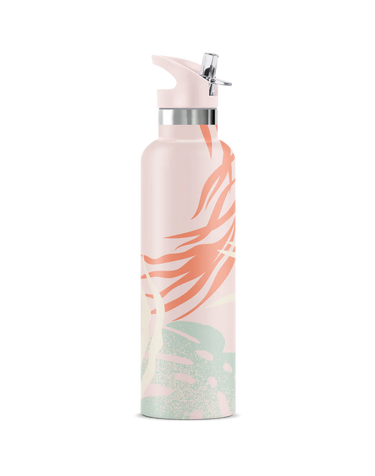 Pink and green patterned water bottle with a silver cap on a white background