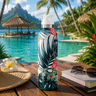 Tropical-themed water bottle on a wooden table with a scenic background