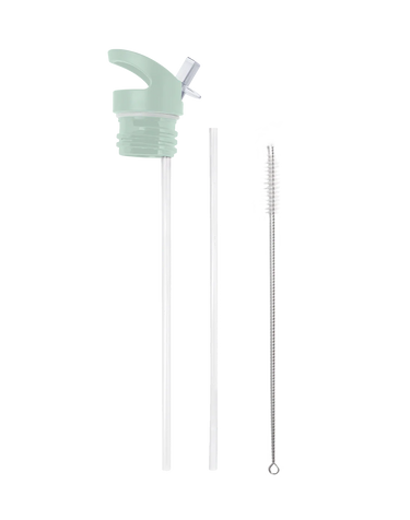 Mint green straw lid with white straw and cleaning brush on a white background
