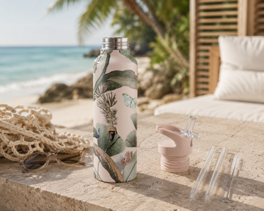 Water bottle with nature design on a beach setting