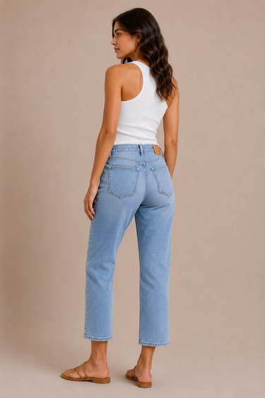 a woman wearing light wash cropped straight jeans on a neutral background