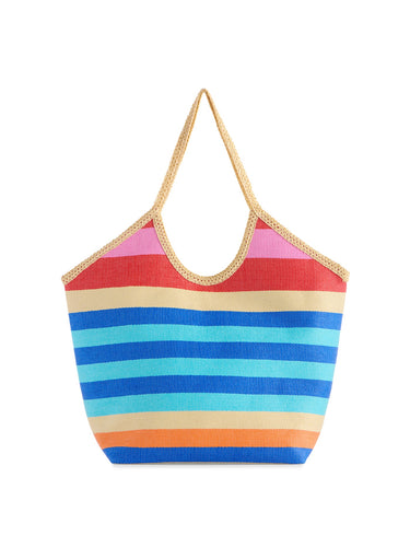 Colorful striped bag with a gold trim on a white background