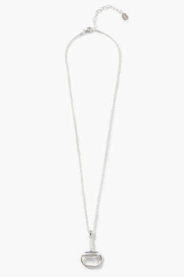 A silver-tone chain necklace with a small teardrop-shaped pendant, displayed against a clean, off-white background.