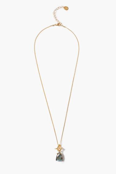 A gold chain necklace featuring a small gold toggle clasp holding a faceted teardrop-shaped labradorite gemstone pendant, shown against a plain white background.