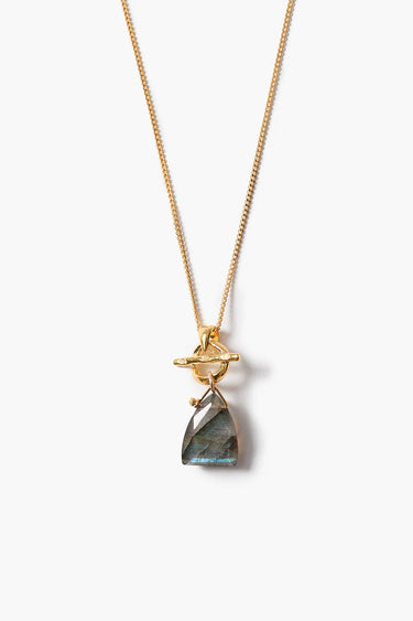 A gold chain necklace featuring a small gold toggle clasp holding a faceted teardrop-shaped labradorite gemstone pendant, shown against a plain white background.