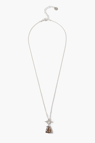 a sterling silver necklace with a smokey quartz pendant on a white background