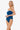Woman wearing a blue strapless swimsuit on a white background