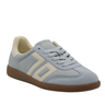 Light blue sneaker with brown sole on a white background